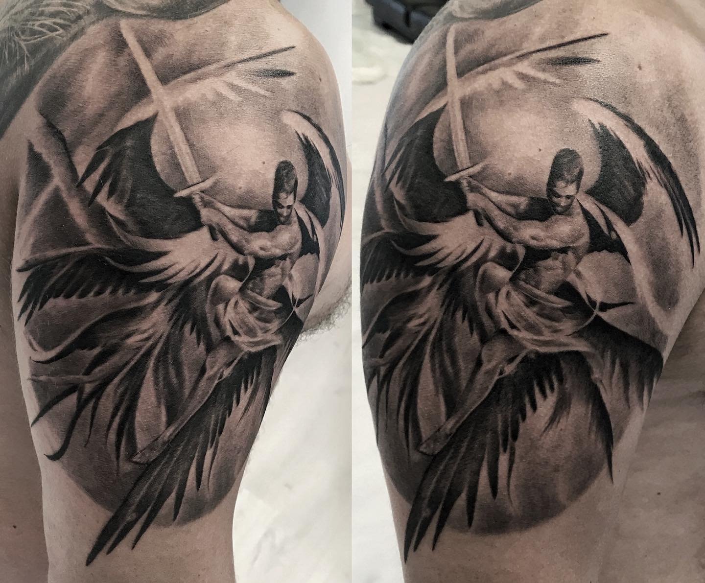 Custom geometric tattoo design on upper arm