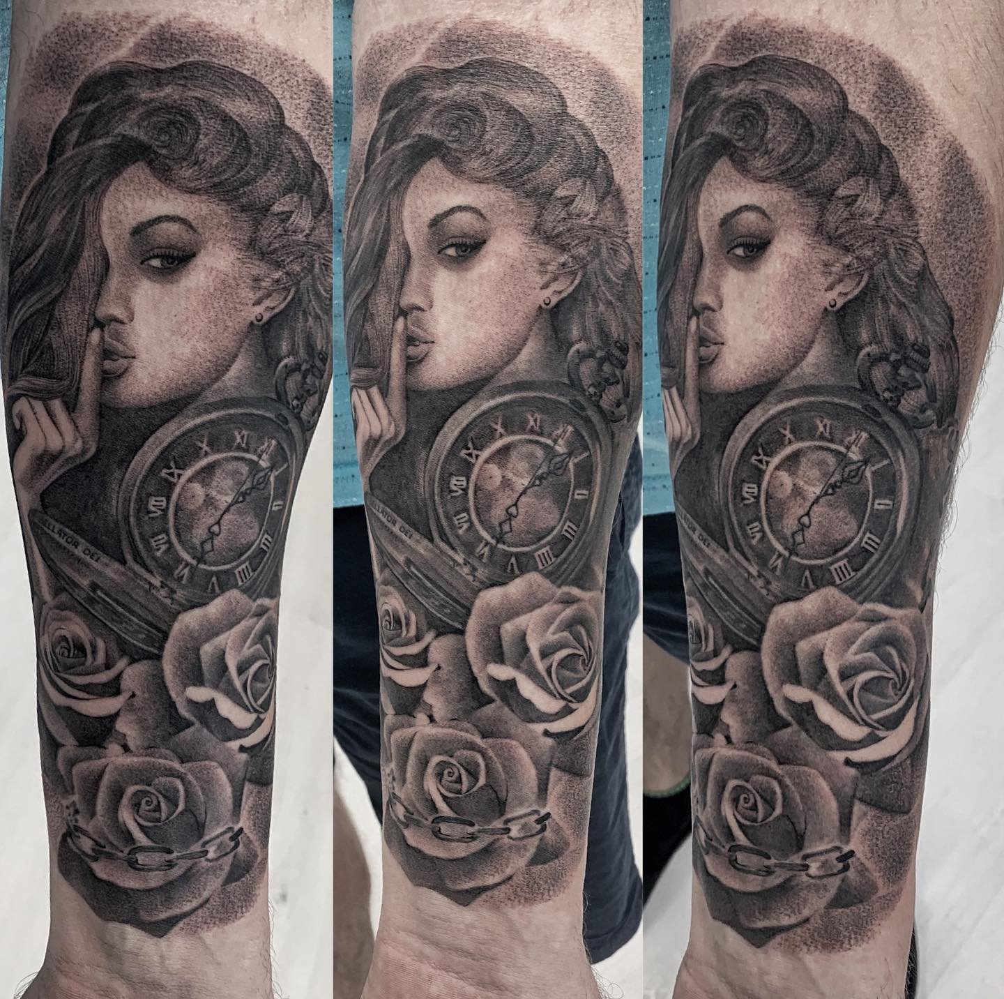 Realistic black and grey portrait tattoo